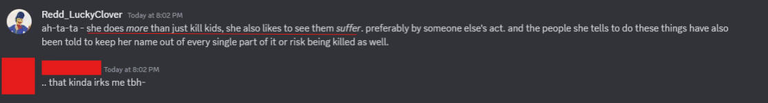 Redd's disturbing cult ideas, centering around the leader enjoying the suffering of children.
