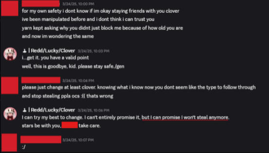 One of the minors Redd had been talking to calling him out on his behavior, him admitting to previous OC theft.