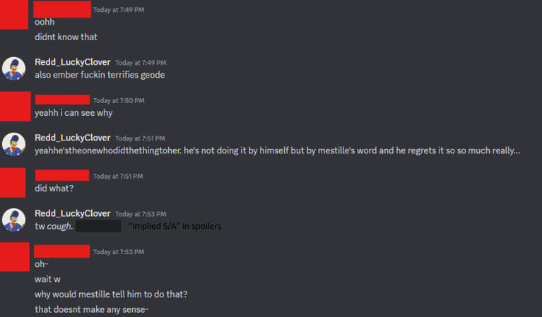 Redd has the idea to make "Ember" (adult OC) assault "Geode" (underaged OC) because "Mestille" (cult leader OC) told him to. Context for previous image.