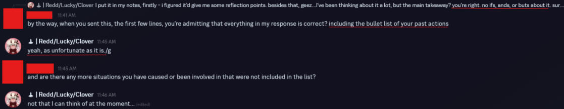 Redd admitting to a former friend that everything on the bullet list (see next image) is true.